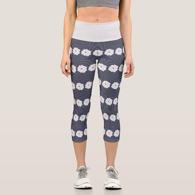 Navy Polka Dots & Big White Flowers Capri Leggings (Front)