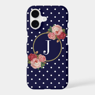 Navy Polka Dots Vintage Floral Chic Gold Monogram