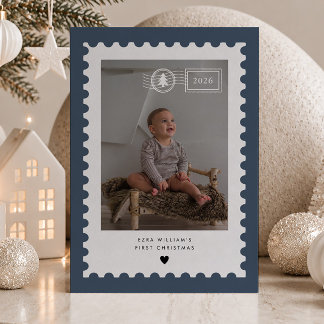 Navy Postage Stamp Baby's 1st Christmas Photo Holiday Card