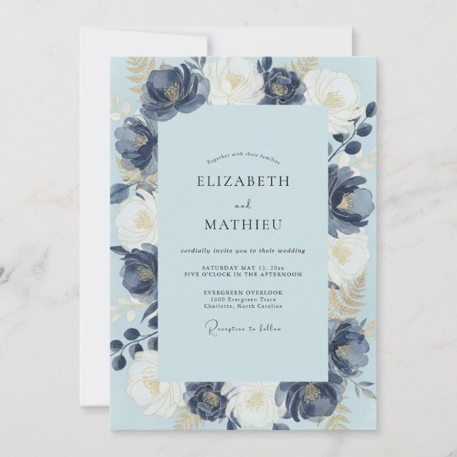 Navy Powder Peony Wedding Invitation (Front)