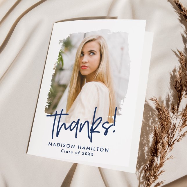 Navy | Preppy Script Photo Graduation Thank You Card (Creator Uploaded)