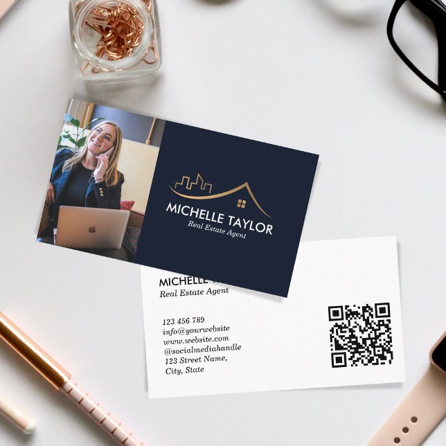 Navy Professional Real Estate Realtor Photo QR Business Card (Creator Uploaded)