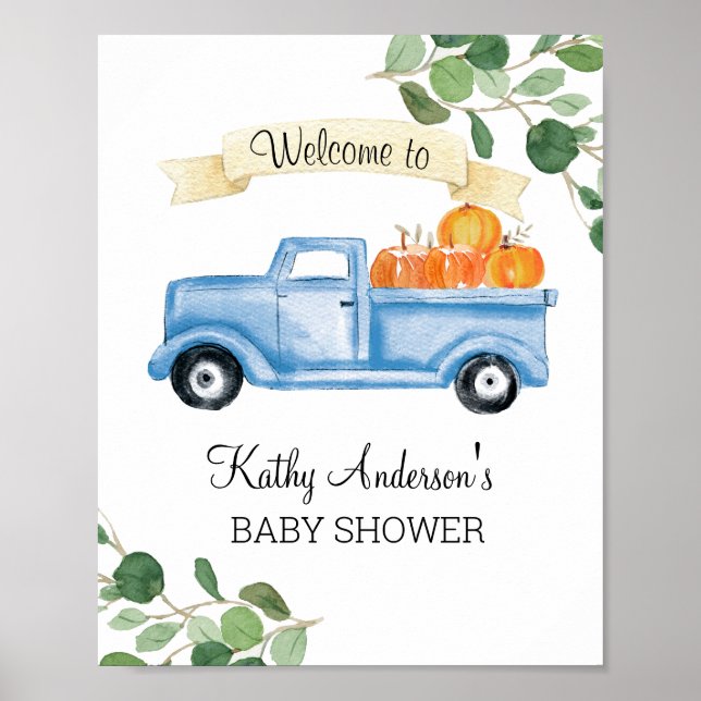 Navy Pumpkin Truck Baby Shower Welcome Sign (Front)