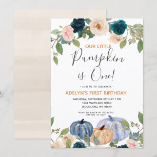 Navy Pumpkin Watercolor 1st Birthday Invitation