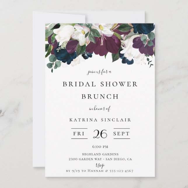 Navy Purple Ivory Fall Floral Bridal Shower Invitation (Front)