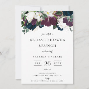 Navy Purple Ivory Fall Floral Bridal Shower Invitation