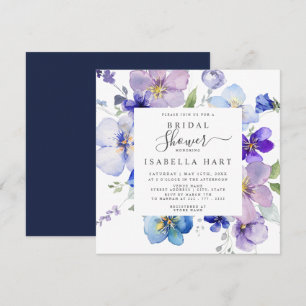 Navy Purple Mauve Pansy Viola Floral Bridal Shower Invitation