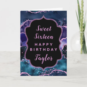 Navy Purple Ocean Agate Sweet 16 Happy Birthday Card
