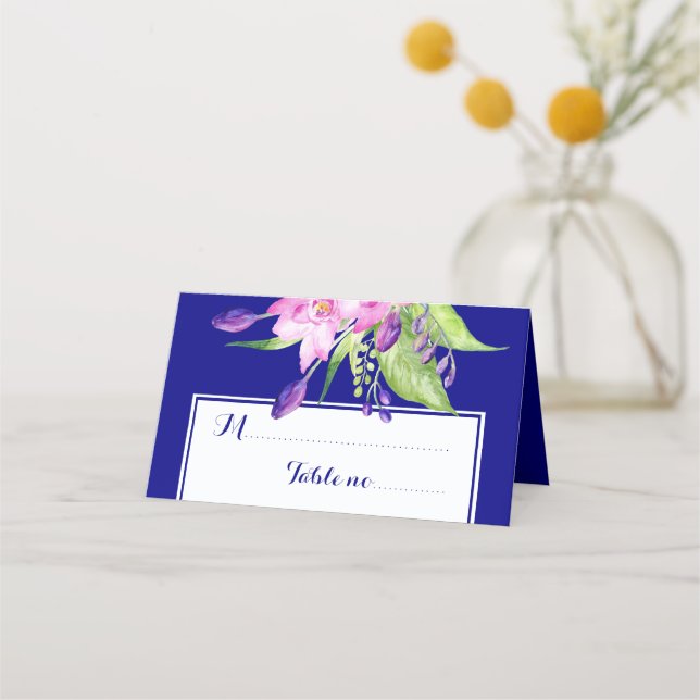 Navy purple plum floral wedding table place place card (Front)