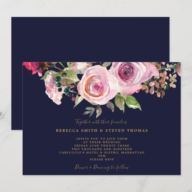 navy purple roses floral wedding invitation (Front/Back)