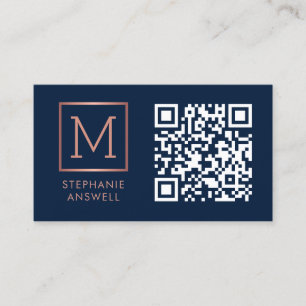 Navy QR Code Logo Monogram Rose Gold Business Card