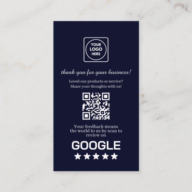 Navy QR | Google Reviews Custom Thank You Link Business Card (Front)