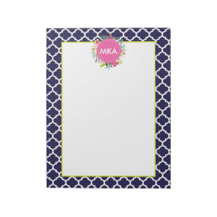 Navy Quatrefoil Floral Large Personalised Notepad
