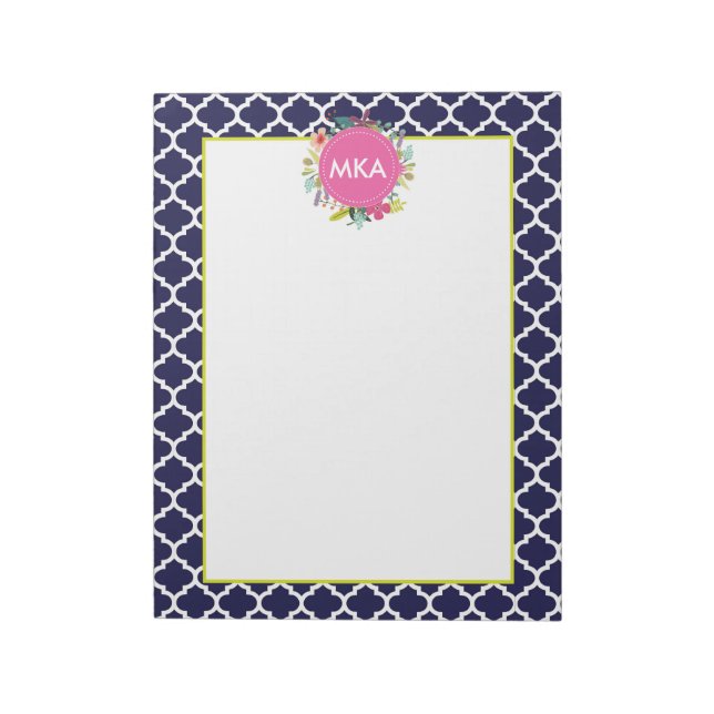 Navy Quatrefoil Floral Large Personalised Notepad (Rotated)