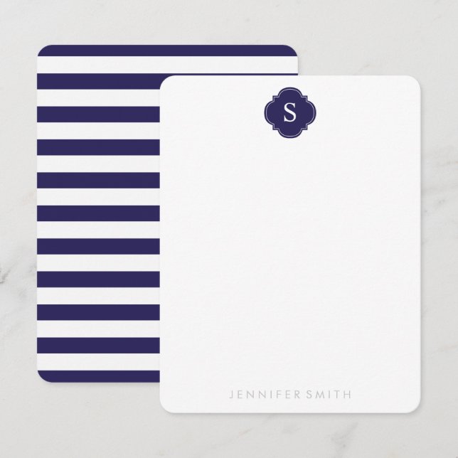 Navy Quatrefoil Monogram and Stripes Note Cards (Front/Back)