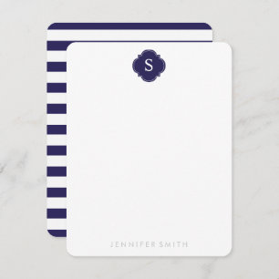 Navy Quatrefoil Monogram and Stripes Note Cards