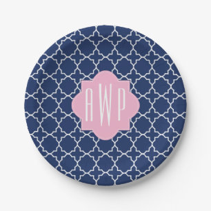 Navy Quatrefoil + Pink Monogram Paper Plate