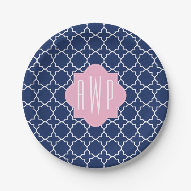 Navy Quatrefoil + Pink Monogram Paper Plate (Front)