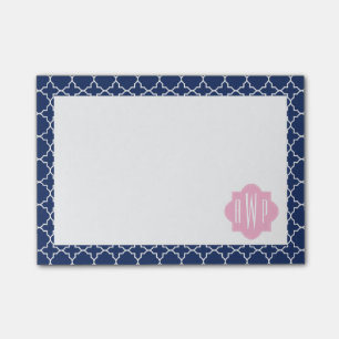 Navy Quatrefoil & Pink Monogram Post-it Notes