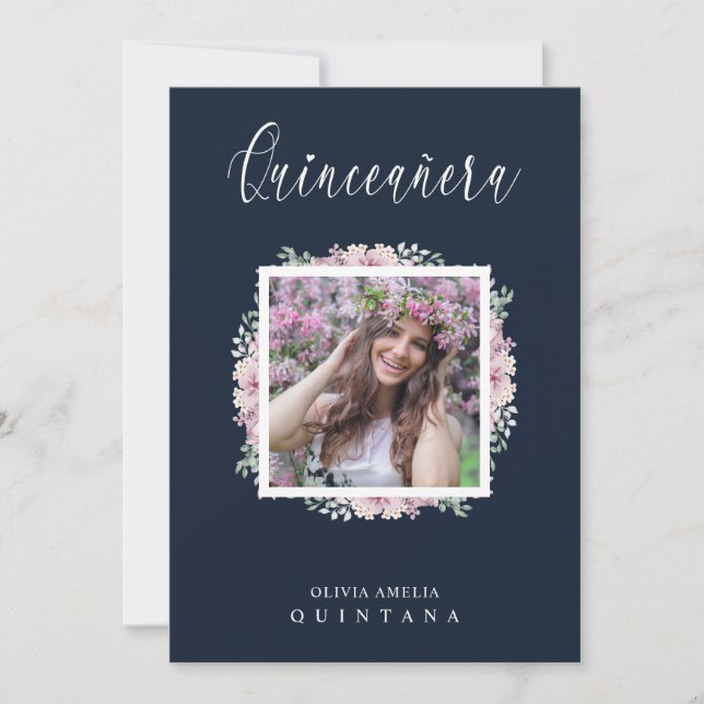 Navy Quinceañera Pink Trendy Garland Photo Spanish Invitation (Front)