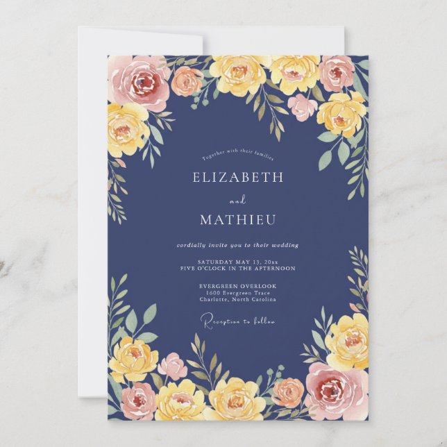 Navy Radiant Botanical Wedding Invitation (Front)