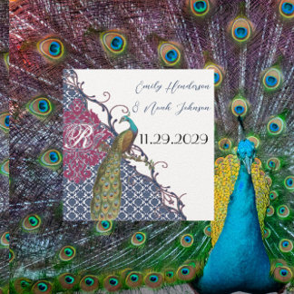 Navy & Raspberry Peacock Damask Save the Date Invitation