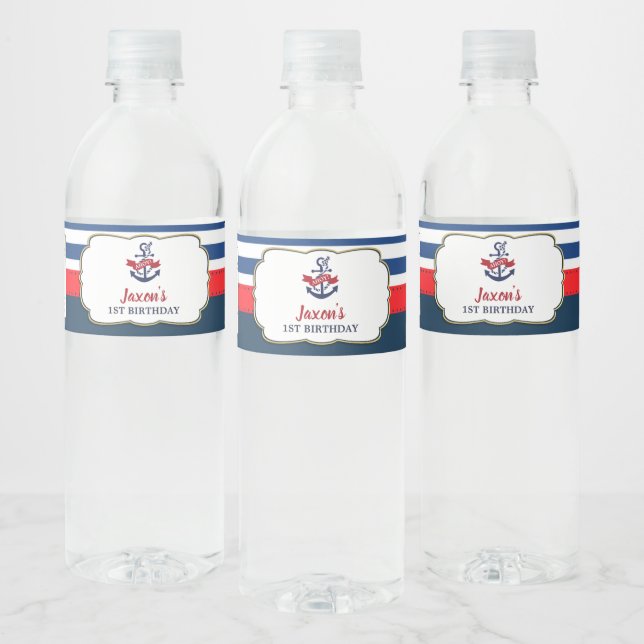 Navy Re Nautical 1st Birthday Party Ahoy Anchor Water Bottle Label (Bottles)