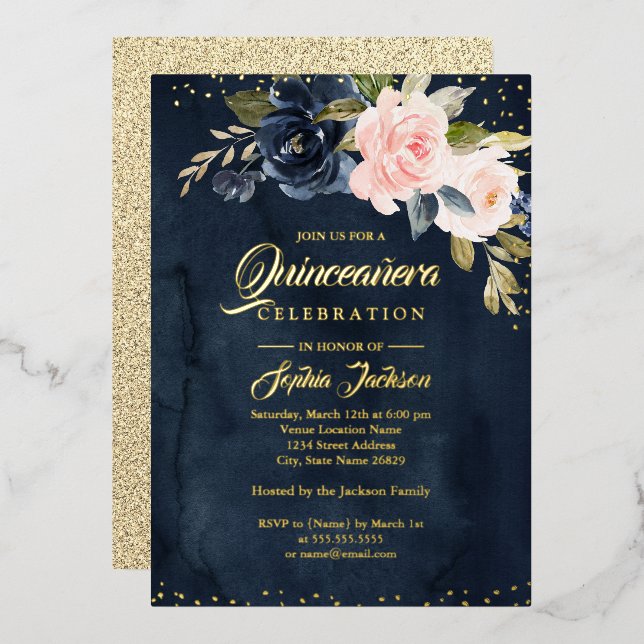 NAVY REAL GOLD FOIL Blush Pink Floral Quinceanera (Front/Back)