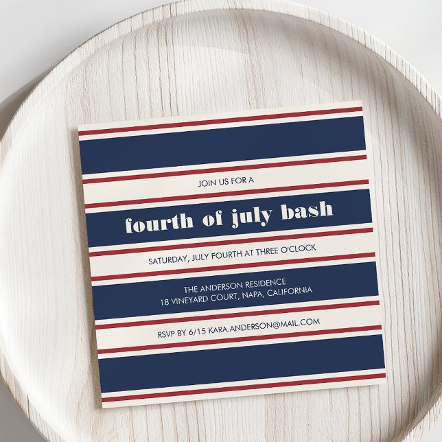 Navy, Red and Cream Stripe Fourth of July Party Invitation (Creator Uploaded)