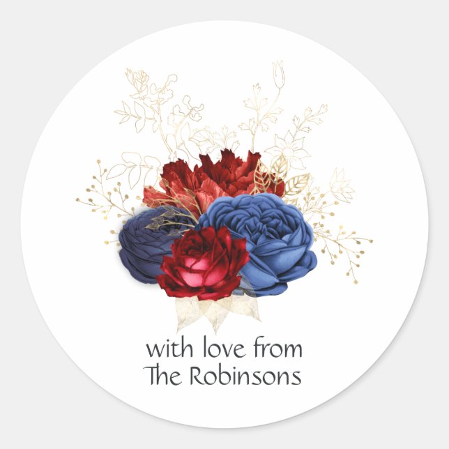Navy, Red and Gold Floral Classic Round Sticker (Front)