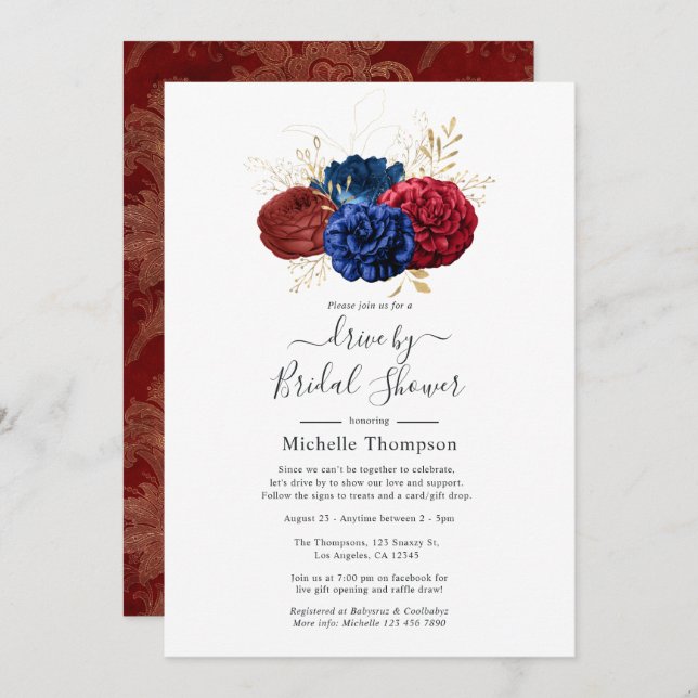 Navy, Red and Gold Floral Drive By Shower Invitation (Front/Back)