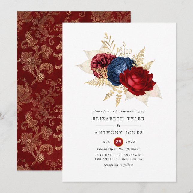 Navy, Red and Gold Floral Wedding Invitation (Front/Back)