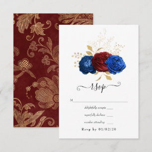 Navy, Red and Gold Floral Wedding RSVP Card