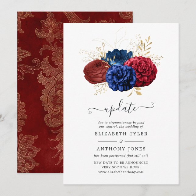 Navy, Red and Gold Floral Wedding Update Invitation (Front/Back)