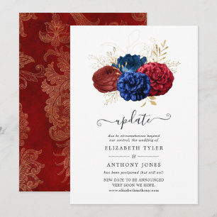 Navy, Red and Gold Floral Wedding Update Invitation