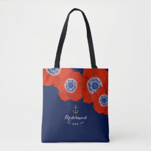 Navy & Red Anemones Nautical Bridal Party Tote Bag