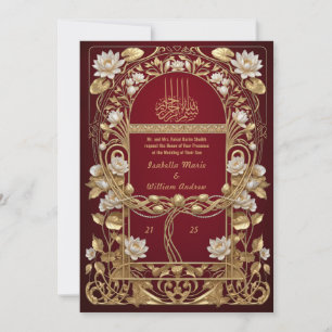 Navy Red Antique Gold Islamic Floral Wedding  Invitation