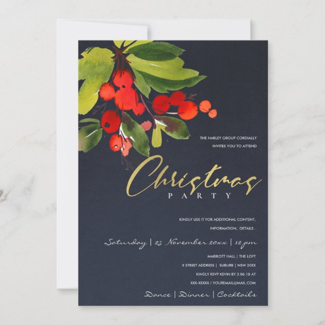 NAVY RED BERRY CORPORATE HOLIDAY CHRISTMAS PARTY INVITATION (Front)
