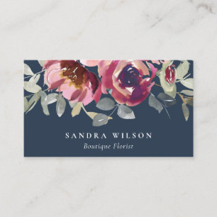 NAVY RED BLUSH BURGUNDY ROSE WATERCOLOR FLORAL BUSINESS CARD