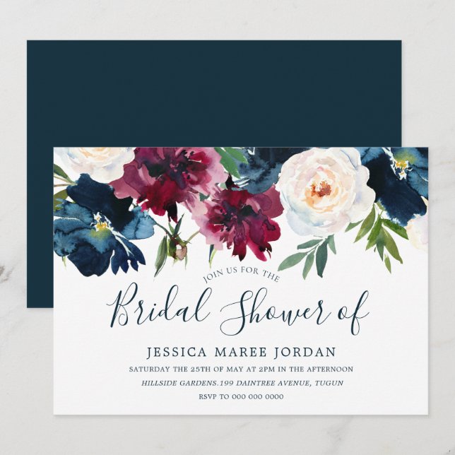 Navy & Red Burgundy Flowers Bridal Shower Invitation (Front/Back)
