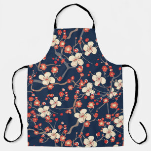 Navy Red Cherry Blossom Japanese Floral Apron
