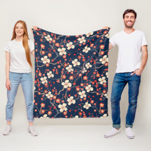 Navy Red Cherry Blossom Japanese Floral Fleece Blanket