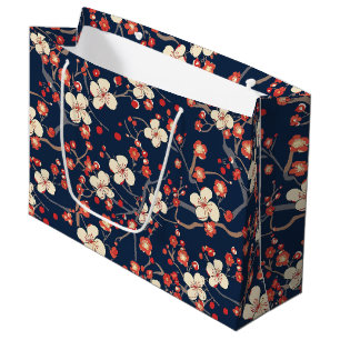 Navy Red Cherry Blossom Japanese Floral Large Gift Bag