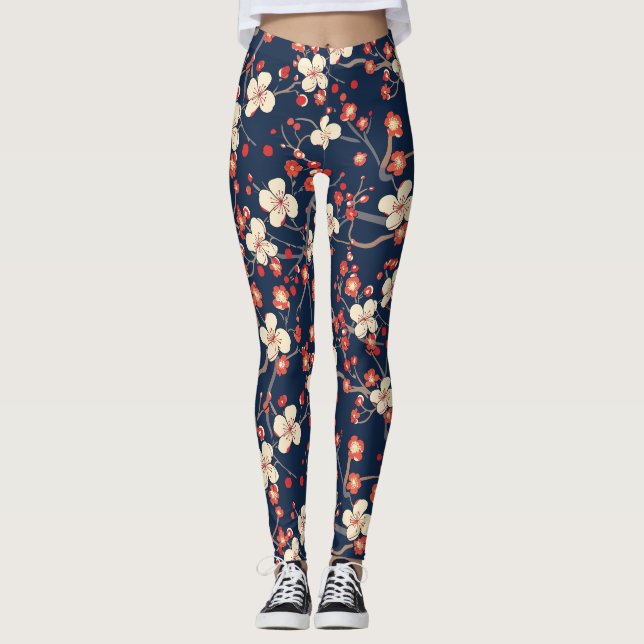 Navy Red Cherry Blossom Japanese Floral Leggings (Front)