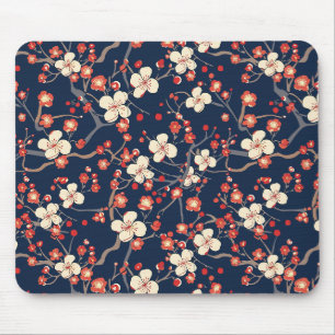 Navy Red Cherry Blossom Japanese Floral Mouse Mat