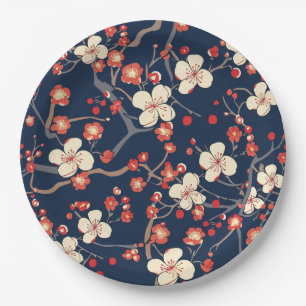 Navy Red Cherry Blossom Japanese Floral Paper Plate