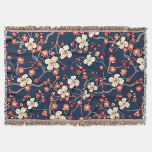 Navy Red Cherry Blossom Japanese Floral Throw Blanket
