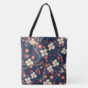 Navy Red Cherry Blossom Japanese Floral Tote Bag