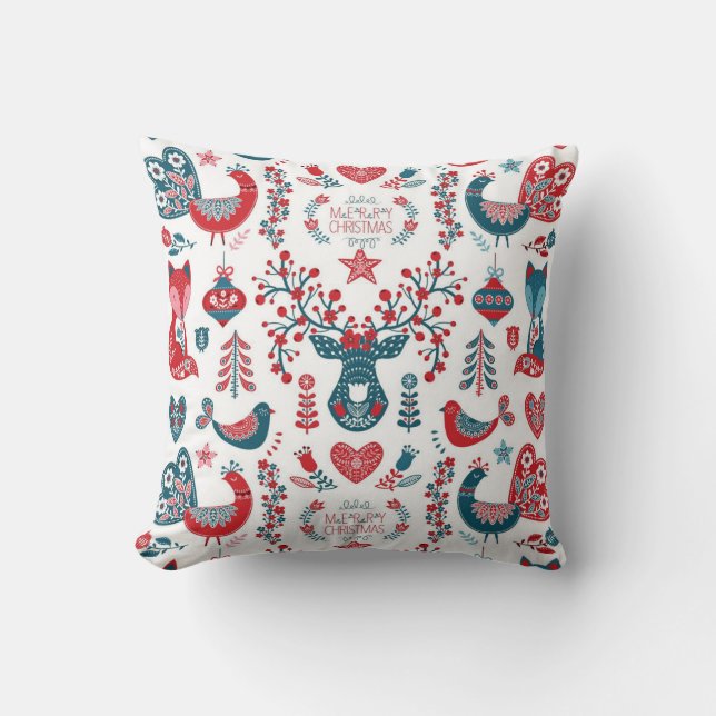 Navy & Red Christmas Scandinavian Folk Art Design Cushion (Front)