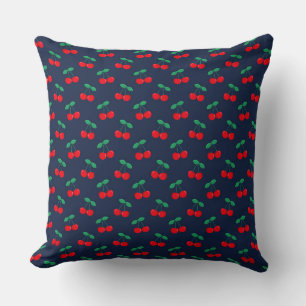 Navy & Red Cute Summer Red Cherries Cushion